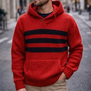 Polo Ralph Lauren Wool Blend Knit Hoodie Sweater Black & Red Men’s M/L
